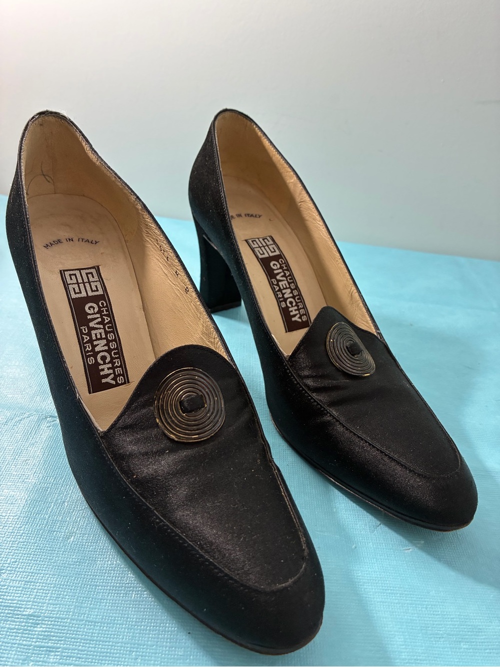 Givenchy Italy Vintage Black Satin Mid-Heel Loafers with Metal Rosette Size 8AA